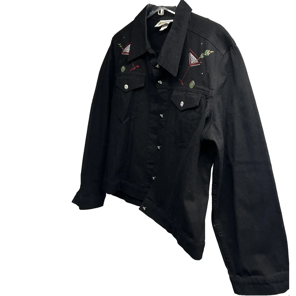 Christine Alexander Embellished Black Denim Bling Button Up Jacket XL Cocktails - Picture 3 of 9